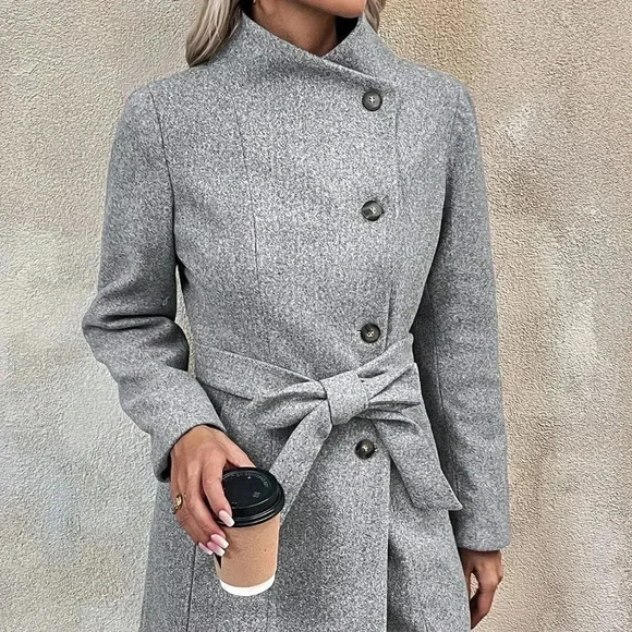 Grey Casual Womens Waterfall Collar Belted Overcoat - Picture 4 of 5